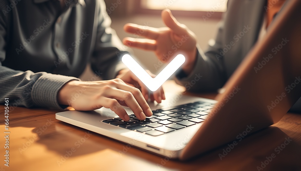 Poster close-up of hands typing on a laptop with a downward pointing checkmark symbol computer technology