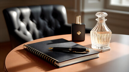 Elegant workspace with leather journal, pen, and perfume bottle, perfect for luxury branding