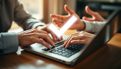 Two people collaborating on a laptop with a glowing checkmark symbol above the keyboard collaboration