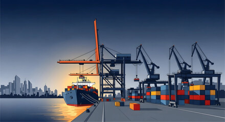 Stylized illustration of a busy container port with cargo ship cranes and a distant cityscape showcasing global trade and logistical operations on the docks