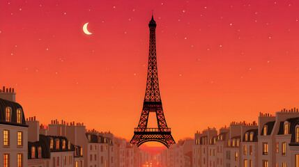Eiffel Tower silhouette at sunset over Paris cityscape with romantic orange sky and stars