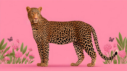 Stunning leopard with vibrant spots stands gracefully against a soft pink background