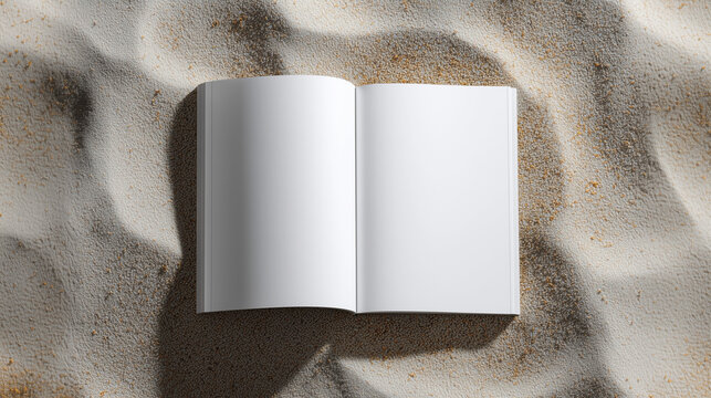 A mockup of an open, blank magazine with white pages on the beach sand - Powered by Adobe