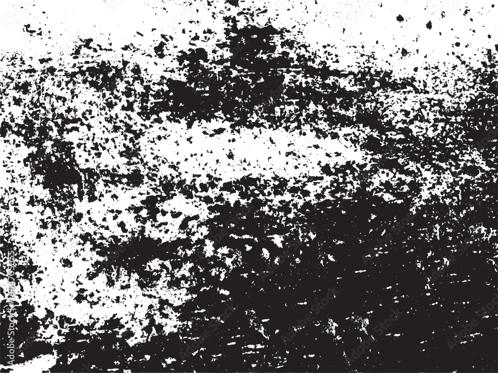 Poster a high-contrast black and white image features a distressed texture. black splatters and patterns ar
