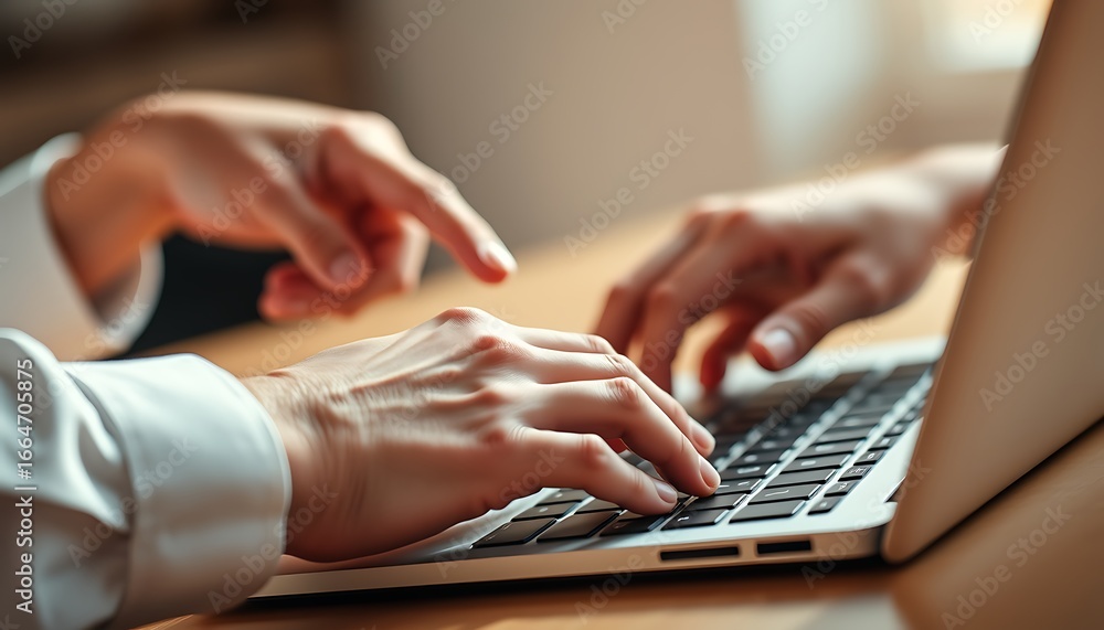 Poster two people's hands on a laptop keyboard with one hand pointing at the screen computer typing