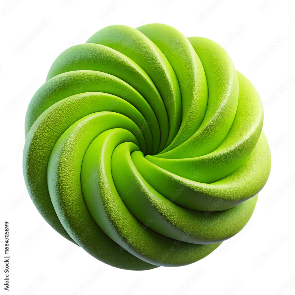 Poster an abstract, green, swirling form with a smooth texture is presented in a dynamic spiral on a transp
