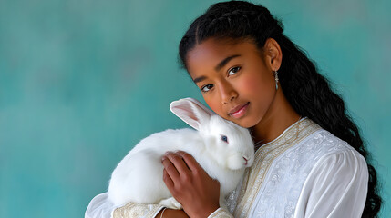 Beautiful young woman tenderly holding a white rabbit, showcasing love and connection, studio portrait
