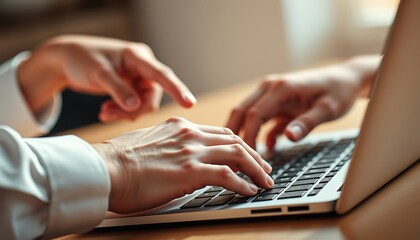 Two people's hands on a laptop keyboard with one hand pointing at the screen computer typing