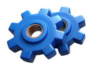 Two interlocking blue gears against a black background symbolizing teamwork engineering and mechanical processes in a modern design