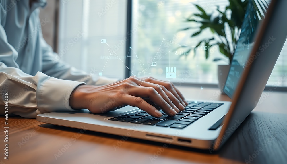 Poster close up of person's hands typing on a laptop with digital data streams keyboard technology