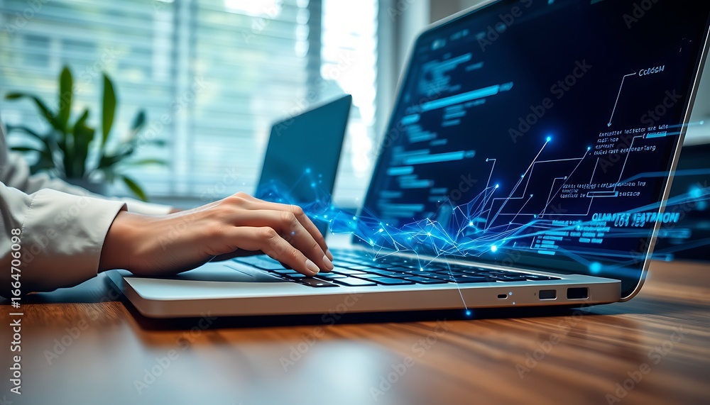 Poster person typing on laptop with glowing digital data visualization overlay hands keyboard