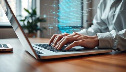 Person's hands typing on a laptop displaying lines of code and data keyboard technology