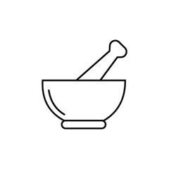 Simple line art icon of a mortar and pestle used for grinding herbs and spices