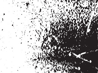 A black and white image showcases an abstract splatter pattern, offering chaotic textures and blurred edges. The artwork displays a grunge aesthetic with dynamic elements.