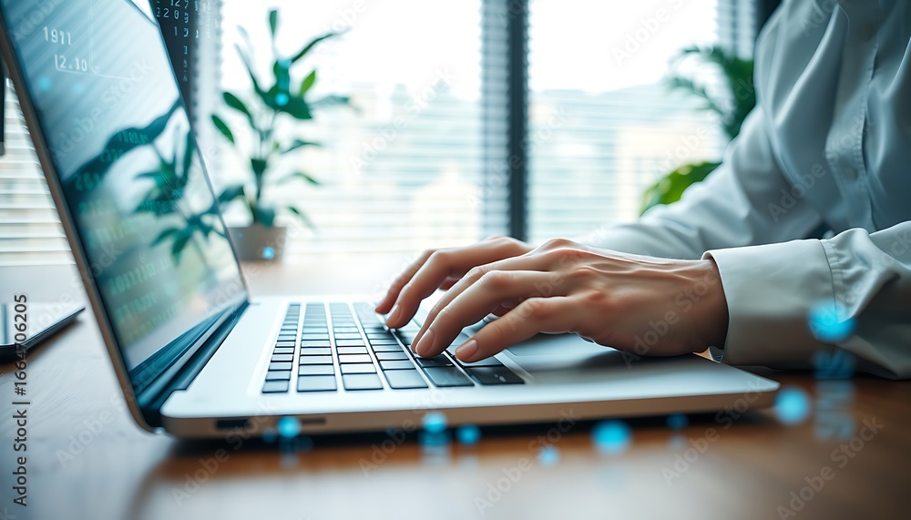 Aufkleber person's hands actively typing on a laptop with digital data streams in the foreground technology co