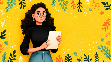 Stylish woman with glasses holding tablet in vibrant yellow floral background illustration