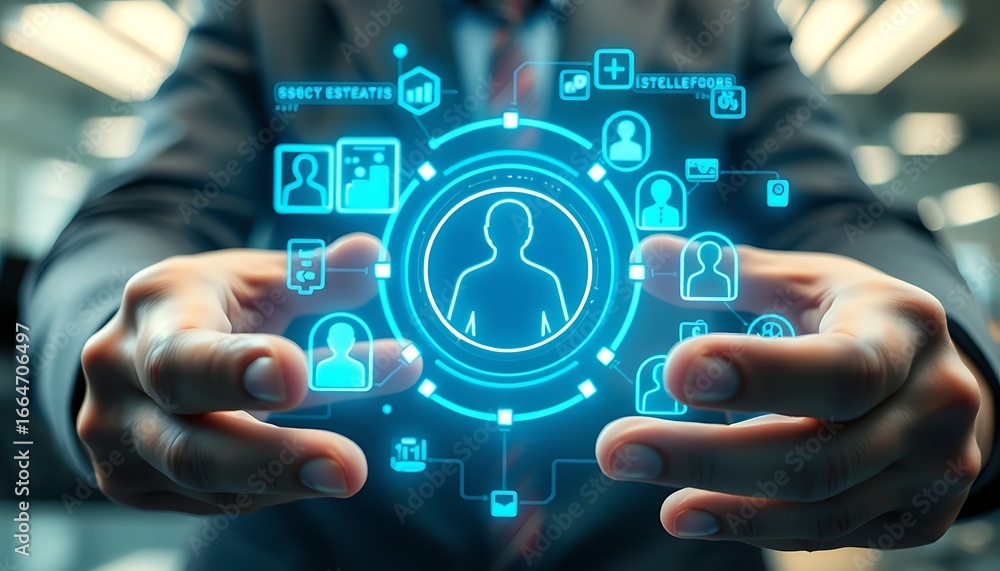 Aufkleber hands presenting a digital network of user icons and business data graphics connection people