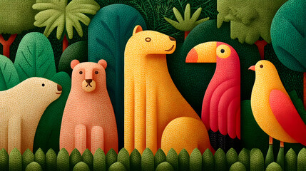 Vibrant illustrated forest scene with charming animal characters perfect for children's designs
