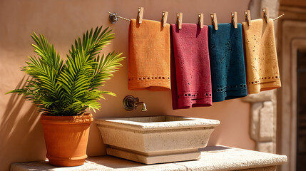 Vibrant towels hanging outdoors near a plant and sink, perfect for a spa or relaxation scene
