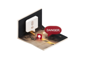 Isometric scene depicting a dangerous situation with a broken device and a warning sign on black background