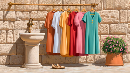 Colorful dresses hanging on a rack in a warm sunny outdoor setting with stone wall detail