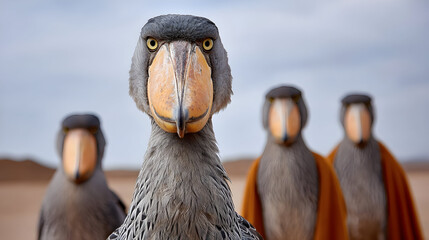Shoebill stork stares directly at you in a stunning close-up, a unique wildlife image