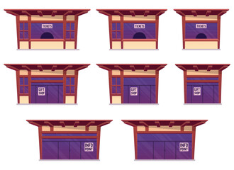 Seven colorful cartoon kiosks are displayed, including tickets, a gift shop, and information points. They are isolated on a white background. They have an Asian-inspired roof.
