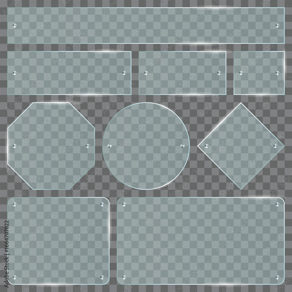 Poster this image showcases multiple transparent glass panels of varying shapes and sizes, appearing as if 