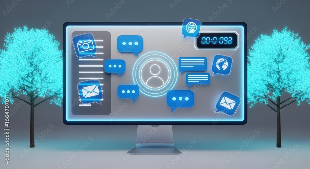 Poster futuristic computer monitor displaying digital interface and icons
