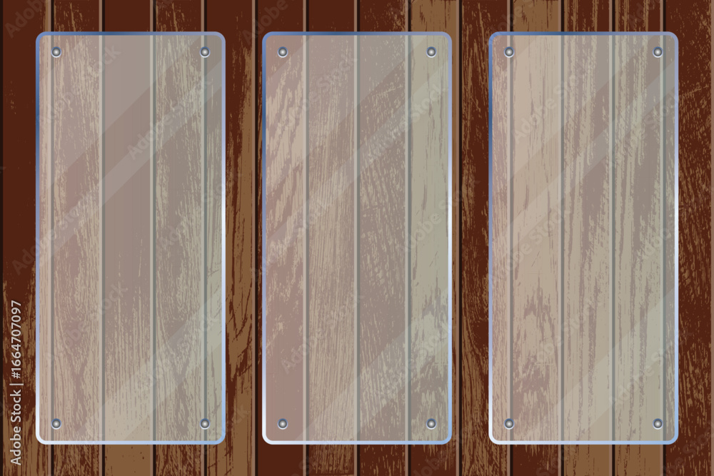 Poster three transparent, blank display panels are fixed to a rustic wooden wall. the panels are rectangula