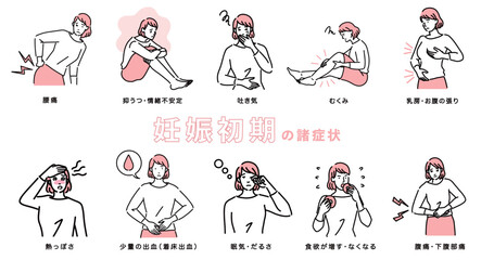 妊娠初期の女性の症状のイラストセット