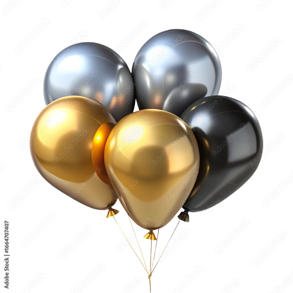 Poster a cluster of shiny gold, silver, and black balloons tied with strings, isolated on a transparent bac