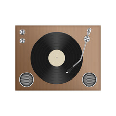 Obraz premium Overhead shot of a vintage-style turntable with a vinyl record. The wooden-textured turntable features silver details and speakers for a nostalgic music experience.