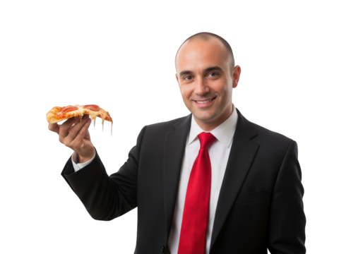 A Confident Businessman Holding a Slice of Pizza Against a Checkered Background, Symbolizing a Blend of Professionalism and Indulgence in a Contemporary Style - Powered by Adobe