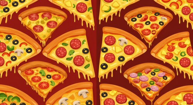 Seamless pizza slices with cheese, pepperoni, and vegetables pattern