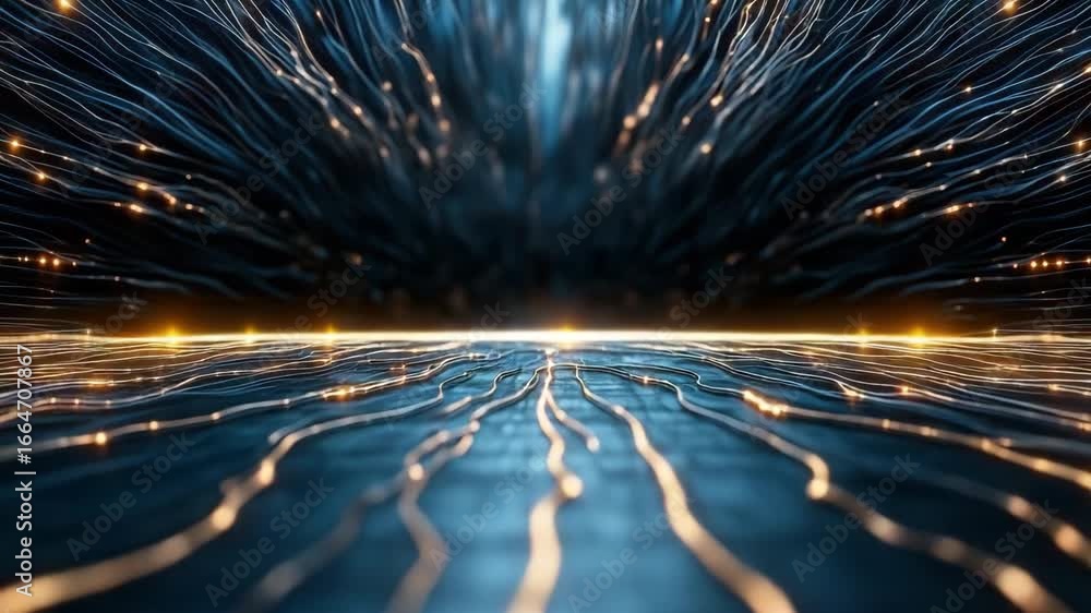 Poster dynamic light trails showcase abstract technology with digital background and flowing energy effects