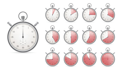 Naklejka premium A group of stopwatches on a white background show different intervals. Each timer has a metallic finish and varies in elapsed time, demonstrating time passing.