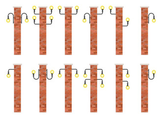 A collection of brick pillars, each adorned with one or two spherical lights. The pillars vary in light placement, creating a rhythmic sequence, set against a blank background.