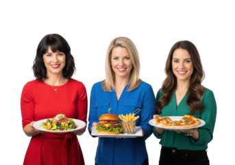Trio of Smiling Women Presenting Delicious Meals Against a Transparent Backdrop, Showcasing Culinary Delights and Healthy Eating Choices with Joy