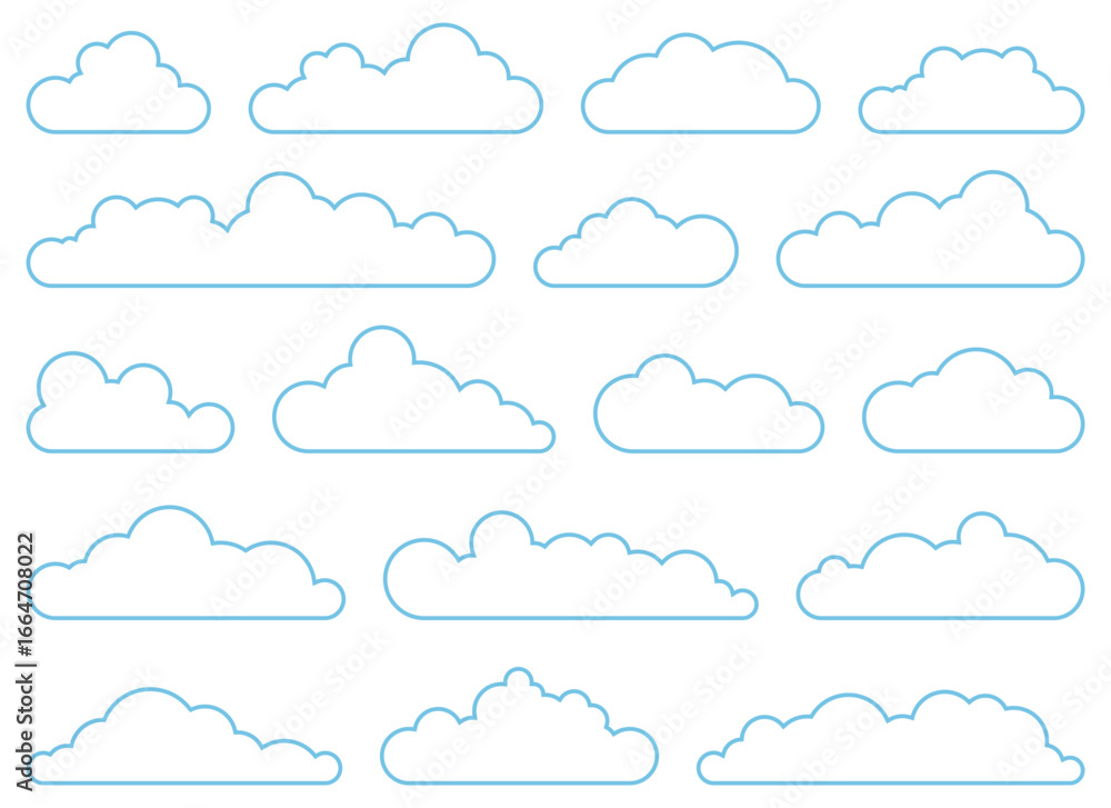 Poster a collection of simple cloud illustrations are presented on a plain white background. the clouds app