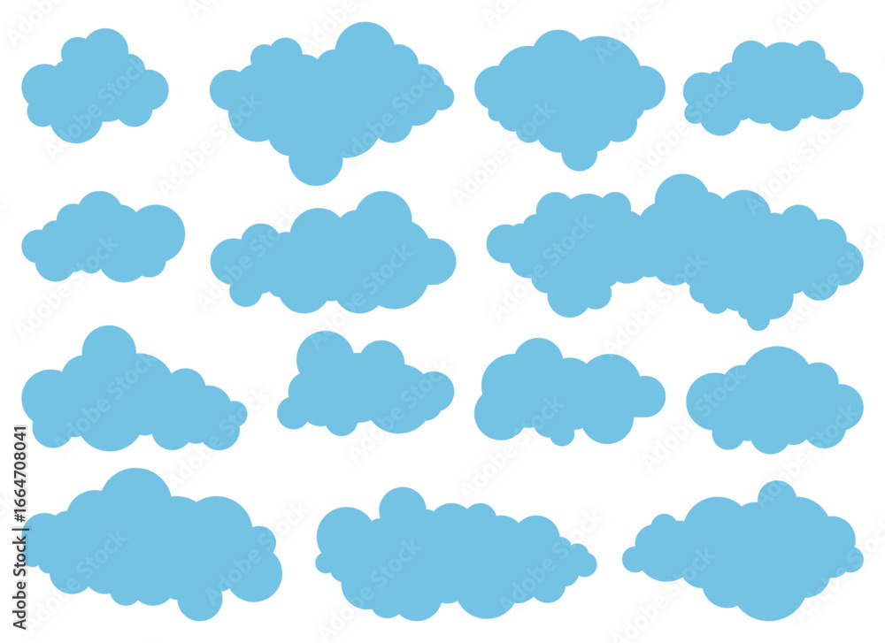 Poster twelve light blue fluffy cloud shapes are scattered on a plain white background. these simple cloud 