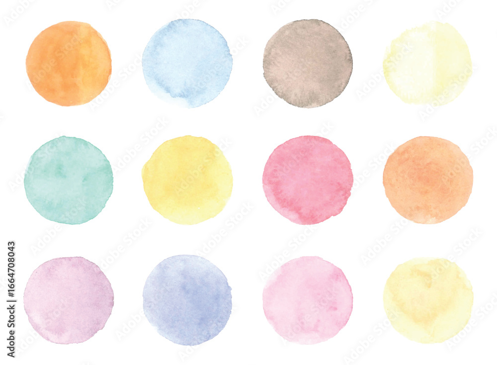Poster a collection of twelve watercolor circles, each painted in a different pastel color. the circles are