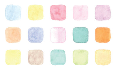 A collection of watercolor squares in varying pastel shades is spread across a white backdrop. The squares have rounded corners with textures of watercolor.