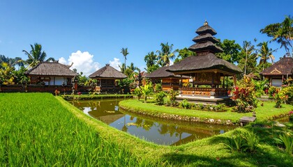 Fototapeta premium Lush Balinese temple complex reflects in a serene canal