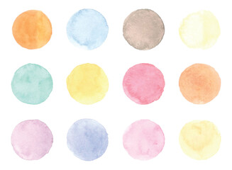 A collection of twelve watercolor circles, each painted in a different pastel color. The circles are arranged in a grid pattern on a white background.