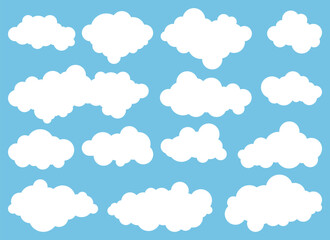 The image features a collection of white, fluffy clouds floating across a vibrant blue sky, creating a serene and peaceful atmosphere. The clouds vary in size and shape. 