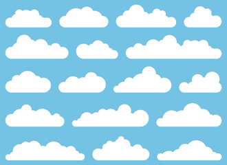 A serene, clear sky is dotted with an array of fluffy, white cloud formations. The clouds are depicted in a simple, graphic style against the peaceful blue backdrop.