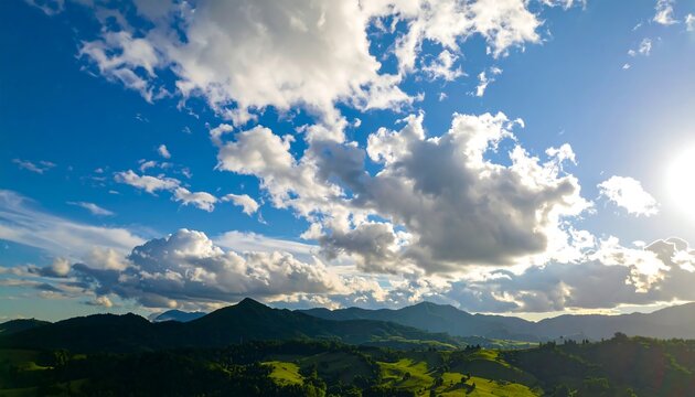 Realistic photo of a clear summer blue sky with a few fluffy white clouds