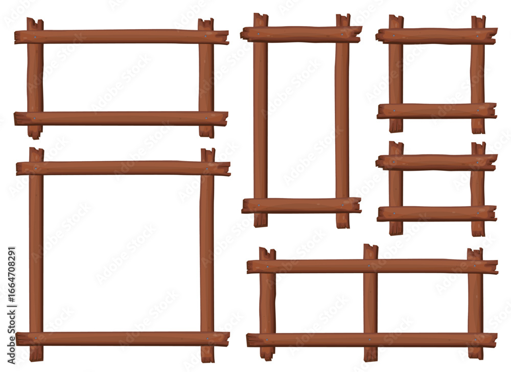 Poster an illustration of various sizes of rustic wooden frames. each frame is made from brown logs. these 