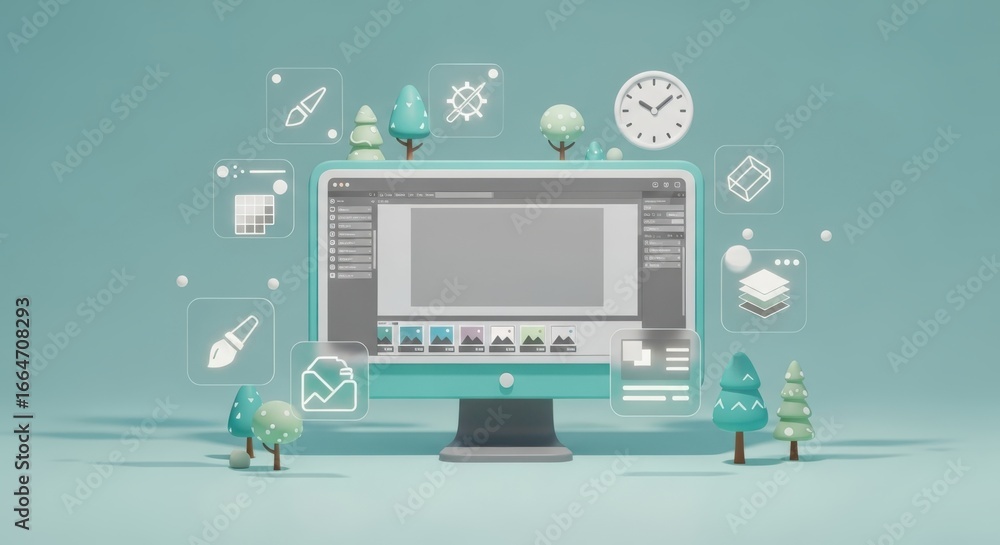 Leinwandbilder modern computer setup with digital icons and abstract elements